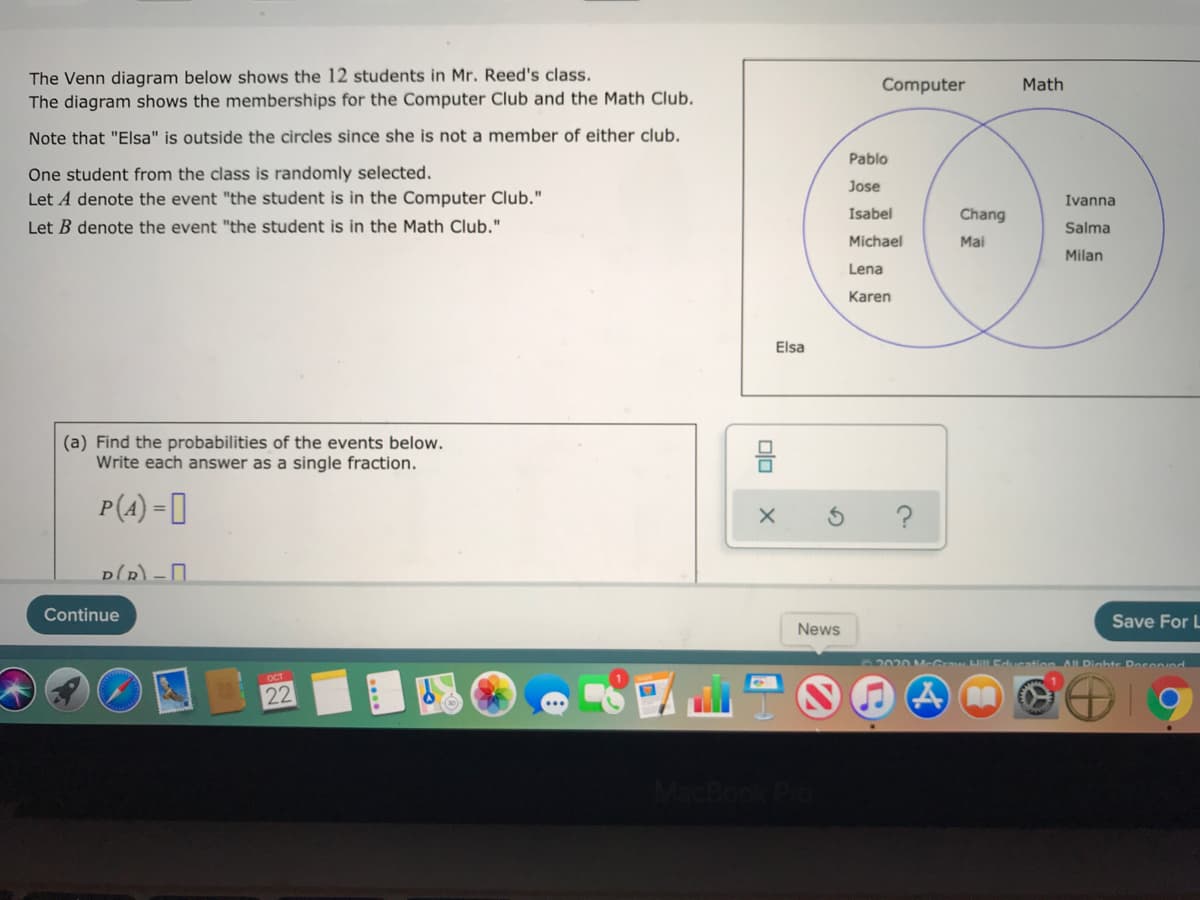The Venn diagram below shows the 12 students in Mr. Reed's class.
The diagram shows the memberships for the Computer Club and the Math Club.
Computer
Math
Note that "Elsa" is outside the circles since she is not a member of either club.
Pablo
One student from the class is randomly selected.
Jose
Let A denote the event "the student is in the Computer Club."
Ivanna
Isabel
Chang
Let B denote the event "the student is in the Math Club."
Salma
Michael
Mai
Milan
Lena
Karen
Elsa
(a) Find the probabilities of the events below.
Write each answer as a single fraction.
P(4) - 0
Continue
Save For L
News
2020 McGrawHilLEducation AIL Diahte Docon/ed
22
olo
