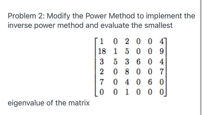 Problem 2: Modify the Power Method to implement the
inverse power method and evaluate the smallest
1
0 2 0 0 4]
18 1 5 0 09
3
5 36 0 4
0 8 0 0 7
0 40 60
0 1 0 0 0
7
eigenvalue of the matrix
