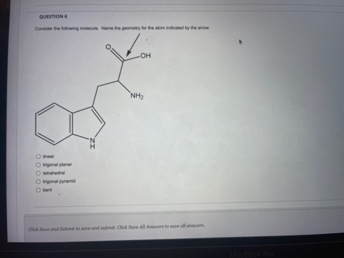 QUESTION 6
Consider the following molecule. Name the geometry for the atom indicated by the arrow.
HO
NH2
O linear
O trigonal planar
O tetrahedral
O trigonal pyramid
O bent
Click Save and Submit to save and submit. Click Save All Answers to save all answers.
MacBook Pro
