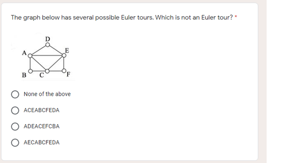 The graph below has several possible Euler tours. Which is not an Euler tour? *
D
E
None of the above
ACEABCFEDA
ADEACEFCBA
AECABCFEDA
