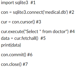 import sqlite3 #1
con = sqlite3.connect('medical.db') #2
cur = con.cursor() #3
cur.execute("Select * from doctor") #4
data = cur.fetchall() #5
print(data)
con.commit() #6
con.close() #7
