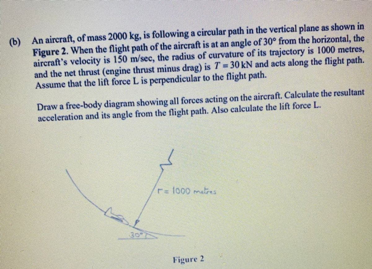 (b) An aircraft, of mass 2000 kg, is following a circular path in the vertical plane as shown in
Figure 2. When the flight path of the aircraft is at an angle of 30° from the horizontal, the
aircraft's velocity is 150 m/sec, the radius of curvature of its trajectory is 1000 metres,
and the net thrust (engine thrust minus drag) is T = 30 kN and acts along the flight path.
Assume that the lift force L is perpendicular to the flight path.
%3D
Draw a free-body diagram showing all forces acting on the aircraft. Calculate the resultant
acceleration and its angle from the flight path. Also calculate the lift force L.
P= 1000 ms
Figure 2
