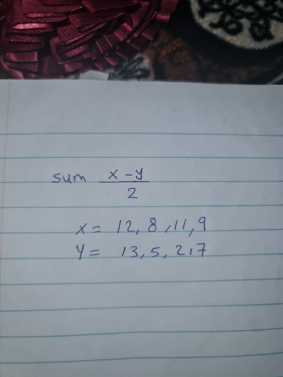 sum
X -Y
x= 12,8,11,9
Y=13,5,217
%3=
