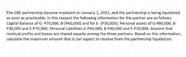 The GBE partnership became insolvent on January 1, 2021, and the partnership is being liquidated
as soon as practicable. In this respect the following information for the partner are as follows:
Capital balance of G- P70,000, B-(P60,000) and for E- (P30,000); Personal assets of G-P80,000, B-
P30,000 and E-P70,000; Personal Liabilities G-P40,000, B-P40,000 and E-P30,000. Assume that
residual profits and losses are shared equally among the three partners. Based on this information,
calculate the maximum amount that G can expect to receive from the partnership liquidation.
