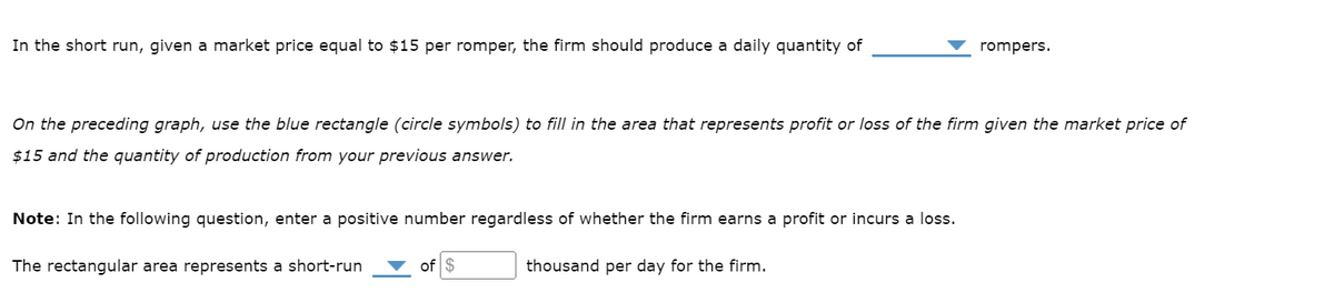 In the short run, given a market price equal to $15 per romper, the firm should produce a daily quantity of
On the preceding graph, use the blue rectangle (circle symbols) to fill in the area that represents profit or loss of the firm given the market price of
$15 and the quantity of production from your previous answer.
Note: In the following question, enter a positive number regardless of whether the firm earns a profit or incurs a loss.
thousand per day for the firm.
The rectangular area represents a short-run
rompers.
of $