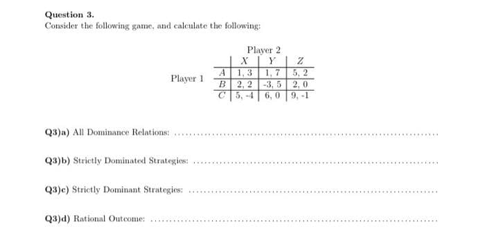 Question 3.
Consider the following game, and calculate the following:
Player 2
X | Y | Z
A 1, 3 1,7 5, 2
B 2, 2 -3, 5 2,0
C 5, -4 6, 0 9,-1
Player 1
Q3)a) All Dominance Relations:
Q3)b) Strictly Dominated Strategies:
Q3)c) Strictly Dominant Strategies:
Q3)d) Rational Outcome:
....
