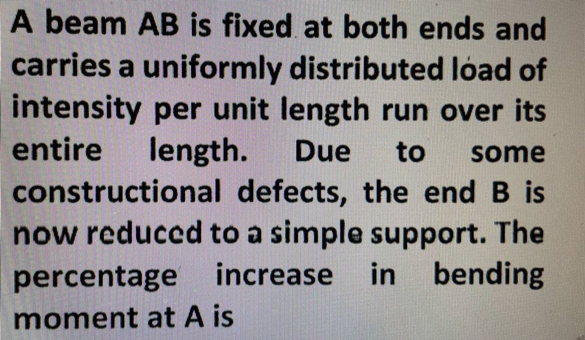 A beam AB is fixed at both ends and
carries a uniformly distributed load of
intensity per unit length run over its
entire length. Due to some
constructional defects, the end B is
now reduced to a simple support. The
percentage increase in bending
moment at A is