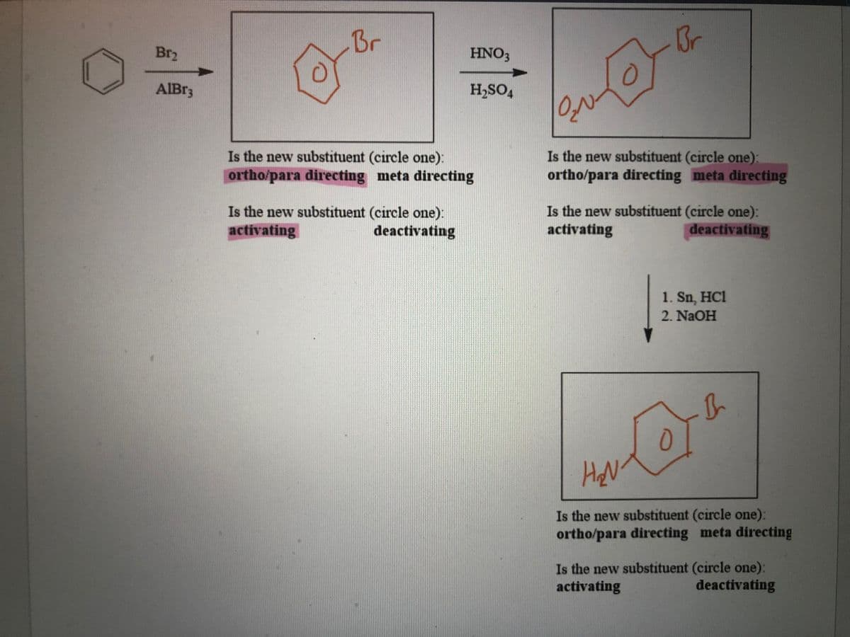 Br
Br
Br2
HNO3
AIB33
H,SO4
Is the new substituent (circle one):
ortho/para directing meta directing
Is the new substituent (circle one):
ortho/para directing meta directing
Is the new substituent (circle one):
activating
Is the new substituent (circle one):
activating
deactivating
deactivating
1. Sn, HC1
2. NaOH
Is the new substituent (circle one):
ortho/para directing meta directing
Is the new substituent (circle one):
activating
deactivating

