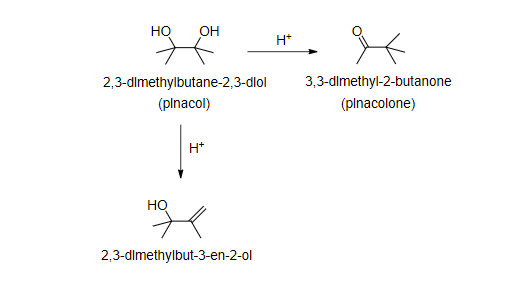 НО
OH
HỌ
2,3-dimethylbutane-2,3-diol 3,3-dimethyl-2-butanone
(plnacol)
(plnacolone)
H*
H*
2,3-dimethylbut-3-en-2-ol