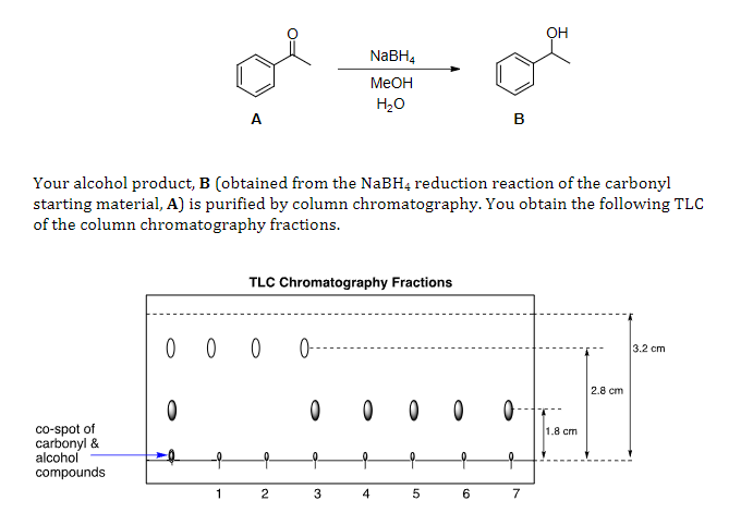 co-spot of
carbonyl &
alcohol
compounds
A
0
Your alcohol product, B (obtained from the NaBH4 reduction reaction of the carbonyl
starting material, A) is purified by column chromatography. You obtain the following TLC
of the column chromatography fractions.
000
1
TLC Chromatography Fractions
2
0-
NaBH4
MeOH
H₂O
0
3
0 0 0
1
4
5
B
6
0-1
1
OH
7
1.8 cm
2.8 cm
3.2 cm