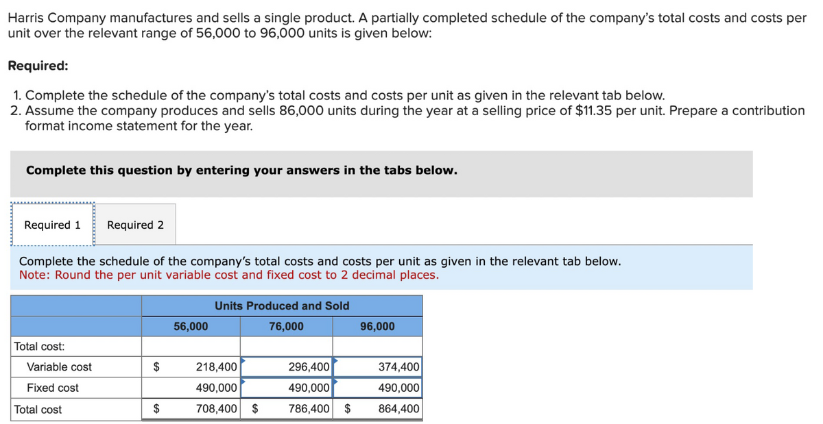 Harris Company manufactures and sells a single product. A partially completed schedule of the company's total costs and costs per
unit over the relevant range of 56,000 to 96,000 units is given below:
Required:
1. Complete the schedule of the company's total costs and costs per unit as given in the relevant tab below.
2. Assume the company produces and sells 86,000 units during the year at a selling price of $11.35 per unit. Prepare a contribution
format income statement for the year.
Complete this question by entering your answers in the tabs below.
Required 1 Required 2
Complete the schedule of the company's total costs and costs per unit as given in the relevant tab below.
Note: Round the per unit variable cost and fixed cost to 2 decimal places.
Total cost:
Variable cost
Fixed cost
Total cost
$
$
56,000
Units Produced and Sold
76,000
218,400
490,000
708,400 $
296,400
490,000
786,400 $
96,000
374,400
490,000
864,400
