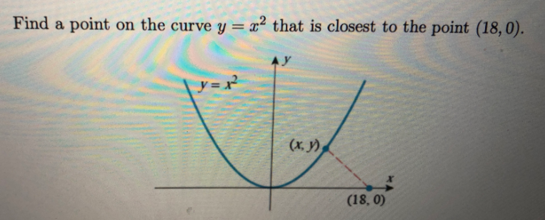 Find a point on the curve y = x² that is closest to the point (18, 0).
%3D
AY
y =2
(x, y)
(18, 0)
