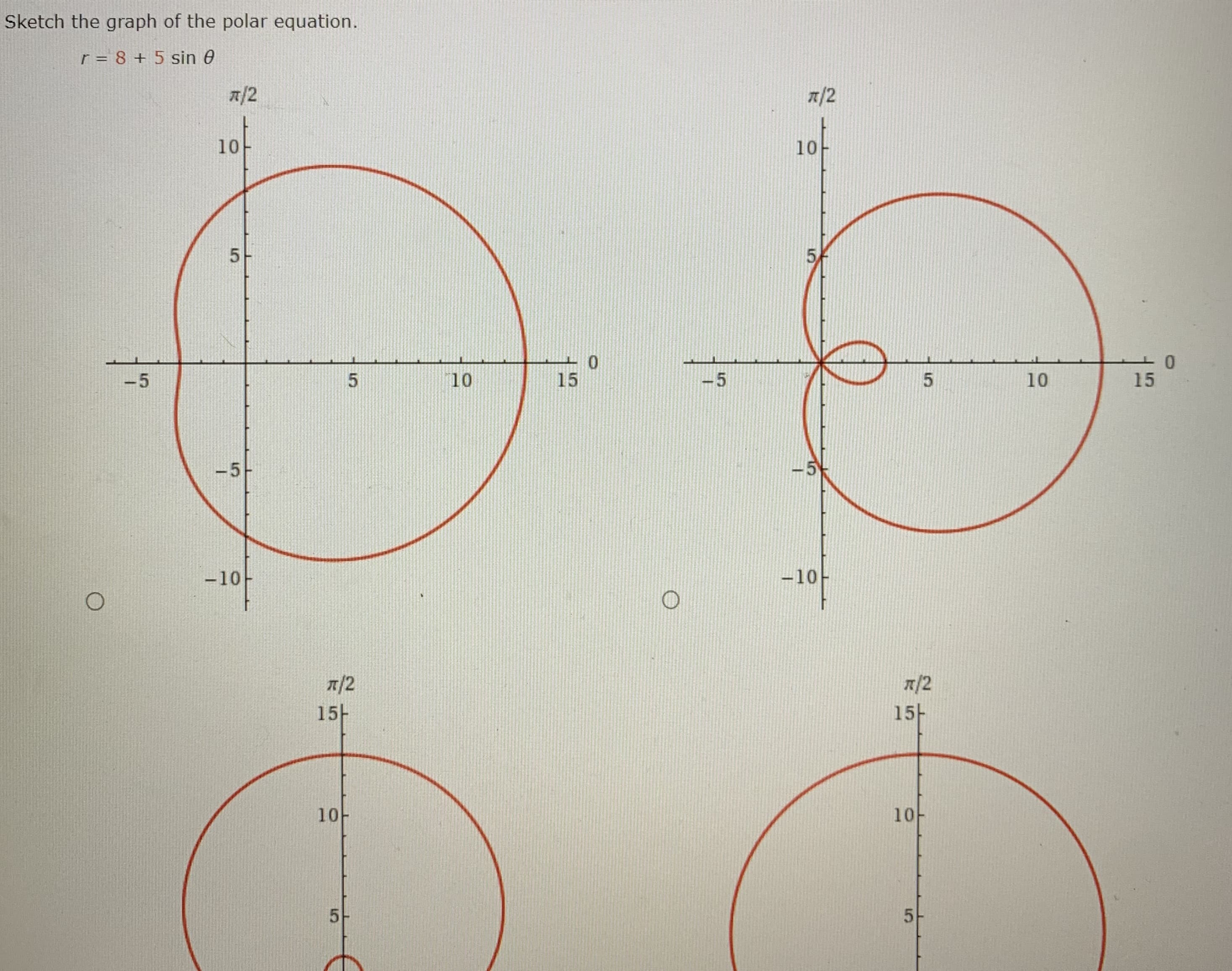 Sketch the graph of the polar equation.
r = 8 + 5 sin 0
