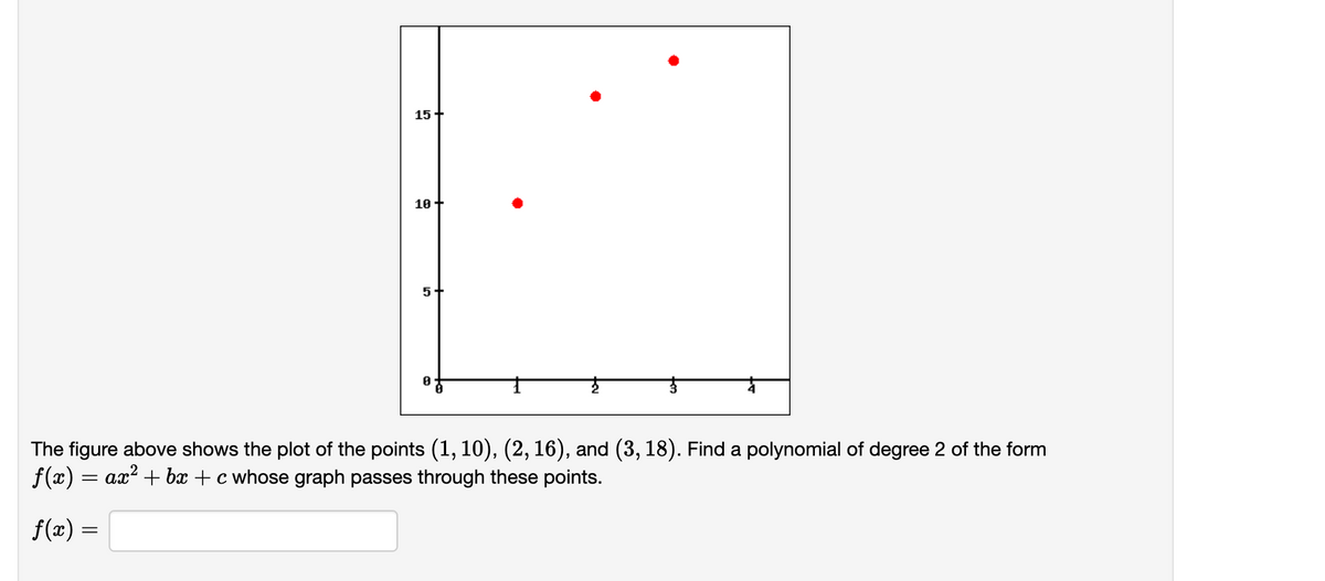 15
10+
5.
The figure above shows the plot of the points (1, 10), (2, 16), and (3, 18). Find a polynomial of degree 2 of the form
f(x) = ax? + bx + c whose graph passes through these points.
f(x) =
