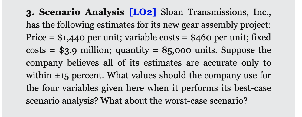 3. Scenario Analysis [LO2] Sloan Transmissions, Inc.,
has the following estimates for its new gear assembly project:
Price = $1,440 per unit; variable costs = $460 per unit; fixed
$3.9 million; quantity = 85,000 units. Suppose the
company believes all of its estimates are accurate only to
within ±15 percent. What values should the company use for
the four variables given here when it performs its best-case
scenario analysis? What about the worst-case scenario?
costs
