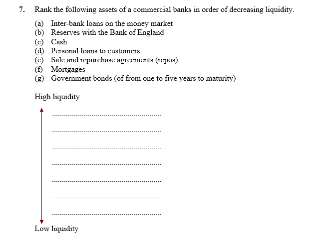 7. Rank the following assets of a commercial banks in order of decreasing liquidity.
(a) Inter-bank loans on the money market
(b) Reserves with the Bank of England
(c) Cash
(d) Personal loans to customers
(e) Sale and repurchase agreements (repos)
(f) Mortgages
(g) Government bonds (of from one to five years to maturity)
High liquidity
Low liquidity
