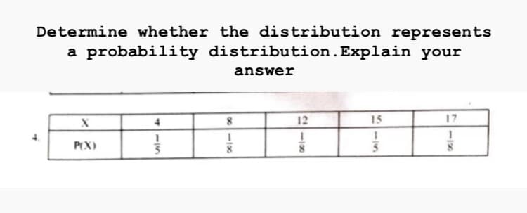Determine whether the distribution represents
a probability distribution.Explain your
answer
12
15
17
P(X)
-120
-100
-
