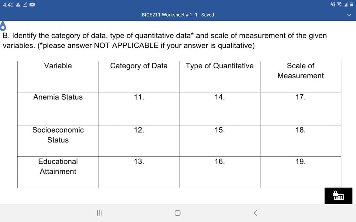 4:49 A Y D
BIOE211 Worksheet # 1 -1 - Saved
B. Identify the category of data, type of quantitative data* and scale of measurement of the given
variables. (*please answer NOT APPLICABLE if your answer is qualitative)
Variable
Category of Data
Type of Quantitative
Scale of
Measurement
Anemia Status
11.
14.
17.
Socioeconomic
12.
15.
18.
Status
Educational
13.
16.
19.
Attainment
II
