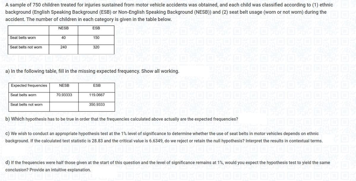 A sample of 750 children treated for injuries sustained from motor vehicle accidents was obtained, and each child was classified according to (1) ethnic
background (English Speaking Background (ESB) or Non-English Speaking Background (NESB)) and (2) seat belt usage (worn or not worn) during the
accident. The number of children in each category is given in the table below.
NESB
ESB
Seat belts worn
40
150
Seat belts not worn
240
320
a) In the following table, fill in the missing expected frequency. Show all working.
Expected frequencies
NESB
ESB
Seat belts worn
70.93333
119.0667
Seat belts not worn
350.9333
b) Which hypothesis has to be true in order that the frequencies calculated above actually are the expected frequencies?
c) We wish to conduct an appropriate hypothesis test at the 1% level of significance to determine whether the use of seat belts in motor vehicles depends on ethnic
background. If the calculated test statistic is 28.83 and the critical value is 6.6349, do we reject or retain the null hypothesis? Interpret the results in contextual terms.
d) If the frequencies were half those given at the start of this question and the level of significance remains at 1%, would you expect the hypothesis test to yield the same
conclusion? Provide an intuitive explanation.
