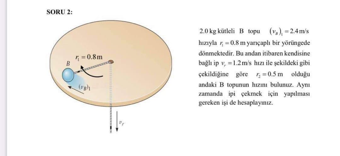 SORU 2:
2.0 kg kütleli B topu (v), =
hızıyla r = 0.8 m yarıçaplı bir yörüngede
dönmektedir. Bu andan itibaren kendisine
r = 0.8m
B
bağlı ip v, = 1.2m/s hızı ile şekildeki gibi
çekildiğine göre r 0.5 m olduğu
andaki B topunun hızını bulunuz. Aynı
zamanda ipi çekmek için yapılması
gereken işi de hesaplayınız.
