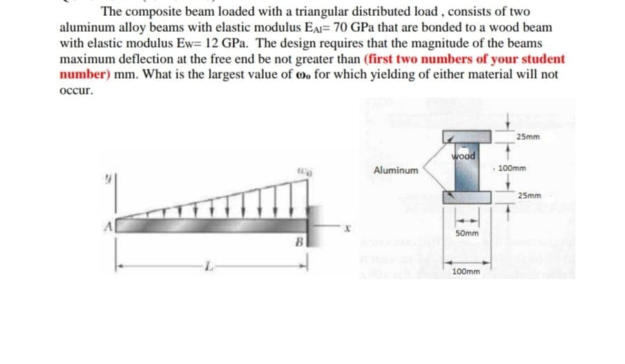The composite beam loaded with a triangular distributed load, consists of two
aluminum alloy beams with elastic modulus EAI= 70 GPa that are bonded to a wood beam
with elastic modulus Ew= 12 GPa. The design requires that the magnitude of the beams
maximum deflection at the free end be not greater than (first two numbers of your student
number) mm. What is the largest value of Mo for which yielding of either material will not
occur.
25mm
wood
Aluminum
100mm
25mm
50mm
B
100mm
