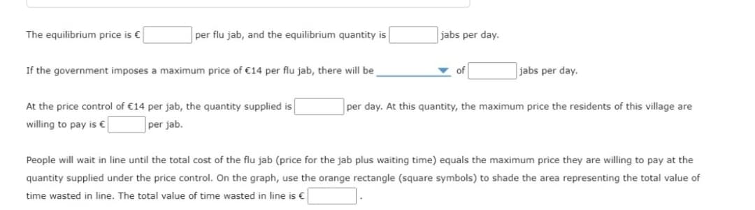 The equilibrium price is €
per flu jab, and the equilibrium quantity is
jabs per day.
If the government imposes a maximum price of €14 per flu jab, there will be
of
jabs per day.
At the price control of €14 per jab, the quantity supplied is
per day. At this quantity, the maximum price the residents of this village are
willing to pay is €
per jab.
People will wait in line until the total cost of the flu jab (price for the jab plus waiting time) equals the maximum price they are willing to pay at the
quantity supplied under the price control. On the graph, use the orange rectangle (square symbols) to shade the area representing the total value of
time wasted in line. The total value of time wasted in line is €

