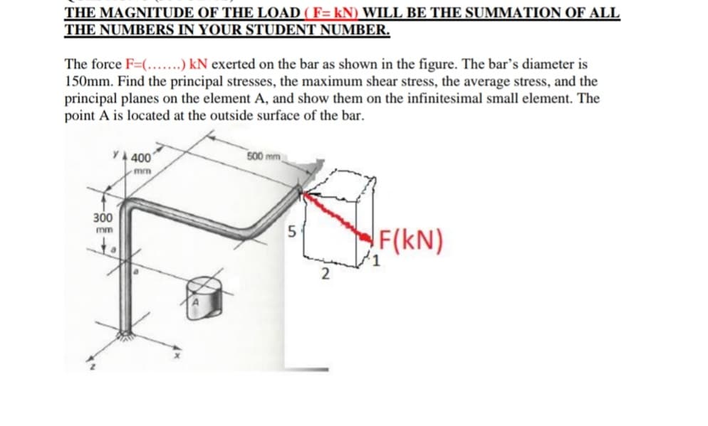 THE MAGNITUDE OF THE LOAD ( F= kN) WILL BE THE SUMMATION OF ALL
THE NUMBERS IN YOUR STUDENT NUMBER.
The force F=(...) kN exerted on the bar as shown in the figure. The bar's diameter is
150mm. Find the principal stresses, the maximum shear stress, the average stress, and the
principal planes on the element A, and show them on the infinitesimal small element. The
point A is located at the outside surface of the bar.
Y4 400
500 mm
mm
300
5
F(kN)
mm
