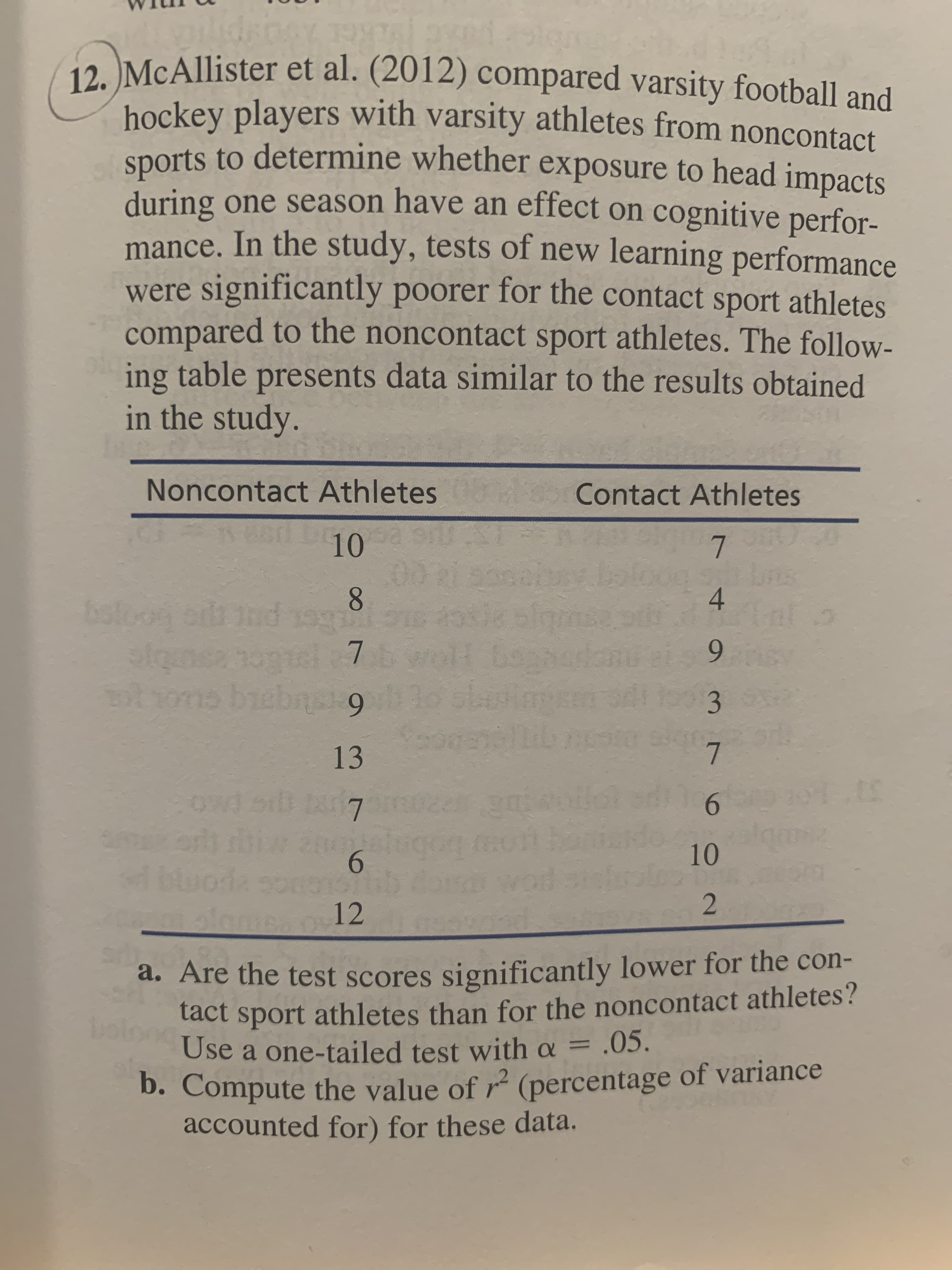 a. Are the test scores significantly lower for the con-
tact sport athletes than for the noncontact athletes?
Use a one-tailed test with a = .05.
b. Compute the value of r² (percentage of variance
accounted for) for these data.
%3D
