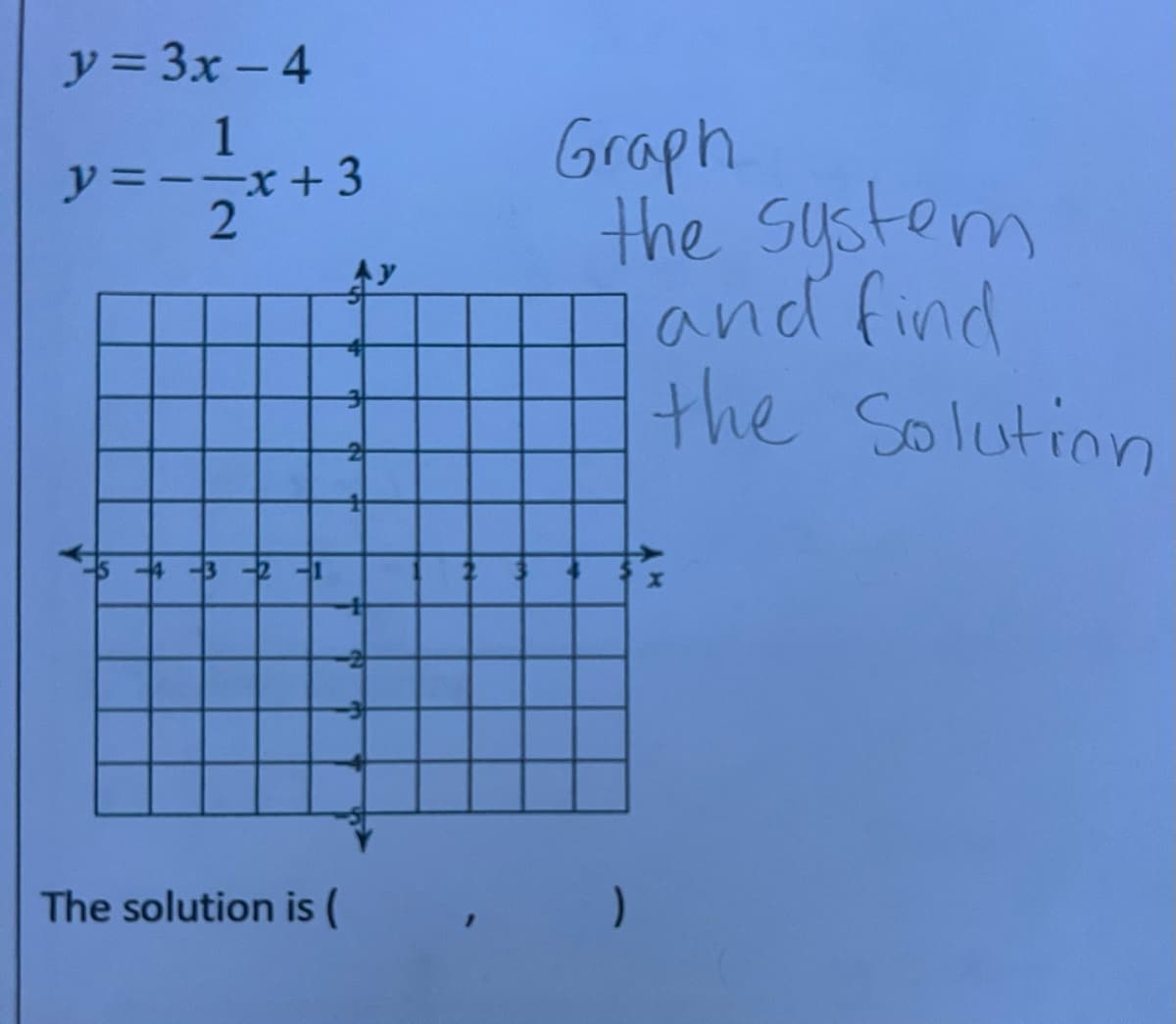y = 3x – 4
Graph
the system
and find
the Solutinn
1
=--x+3
y
The solution is (
