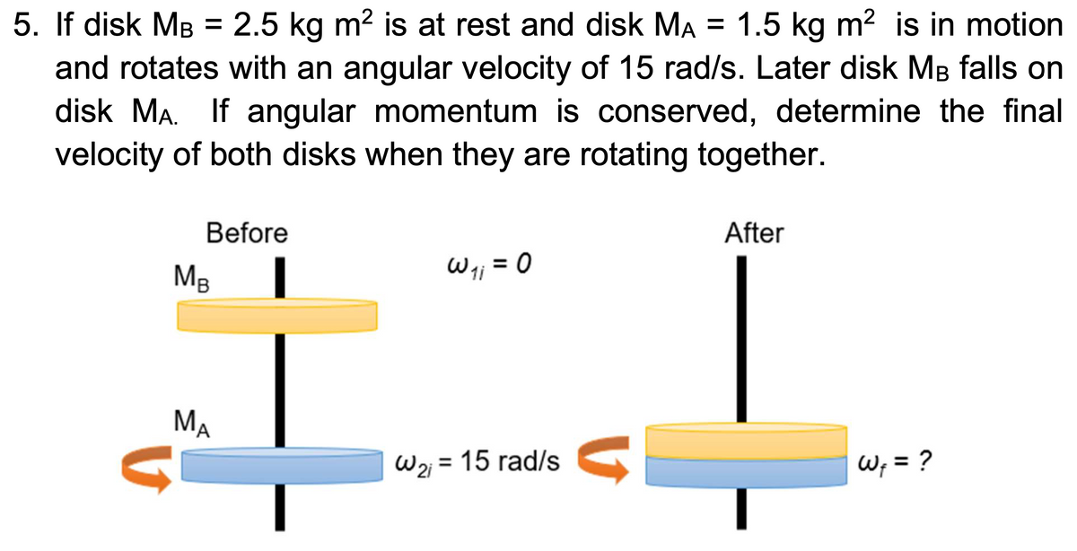 5. If disk MB = 2.5 kg m² is at rest and disk MÃ = 1.5 kg m² is in motion
and rotates with an angular velocity of 15 rad/s. Later disk MB falls on
disk MA. If angular momentum is conserved, determine the final
velocity of both disks when they are rotating together.
Before
MB
MA
←
W ₁₁ = 0
W₂ = 15 rad/s
V
After
W₁ = ?