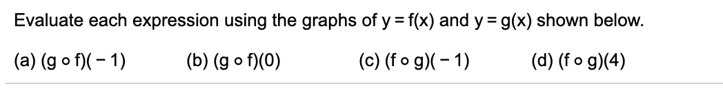 Evaluate each expression using the graphs of y = f(x) and y = g(x) shown below.
%3D
(a) (g o f)(– 1)
(b) (g o f)(0)
(c) (fo g)(- 1)
(d) (f o g)(4)
