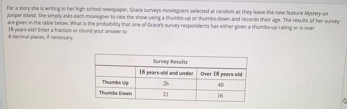 For a story she is writing in her high school newspaper, Grace surveys moviegoers selected at random as they leave the new feature Mystery on
Juniper Island. She simply asks each moviegoer to rate the show using a thumbs-up or thumbs-down and records their age. The results of her survey
are given in the table below. What is the probability that one of Grace's survey respondents has either given a thumbs-up rating or is over
18 years-old? Enter a fraction or round your answer to
4 decimal places, if necessary.
Survey Results
18 years-old and under
Over 18 years-old
Thumbs Up
26
40
Thumbs Down
21
16
