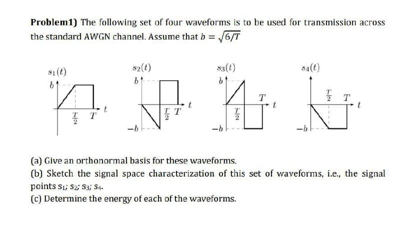 Problem1) The following set of four waveforms is to be used for transmission across
the standard AWGN channel. Assume that b = 6/T
s1(t)
s2(t)
s3(t)
s4(t)
t
T
t
T
-b
-b
(a) Give an orthonormal basis for these waveforms.
(b) Sketch the signal space characterization of this set of waveforms, i.e., the signal
points s1, $2; S3; S4.
(c) Determine the energy of each of the waveforms.
