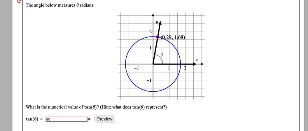 The angle below measures 0 radians.
YA
2
Q.29, 1.68)
2
What is the numerical value of tan(0)? (Hint: what does tan(0) represent?)
tan(0) = 80
Preview
