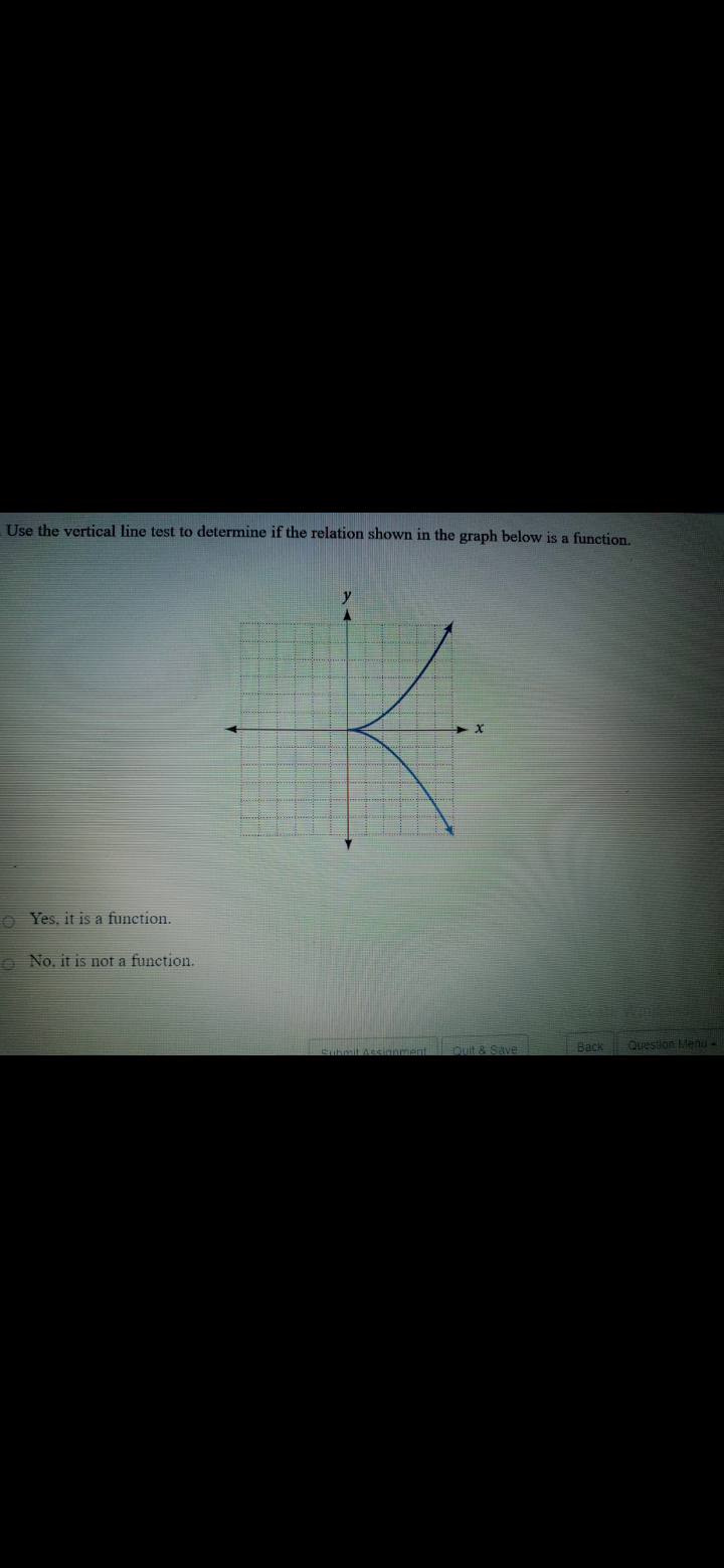 Use the vertical line test to determine if the relation shown in the graph below is a function.
O Yes, it is a function.
o No, it is not a function.
Quit & Save
Question Menu
Back
