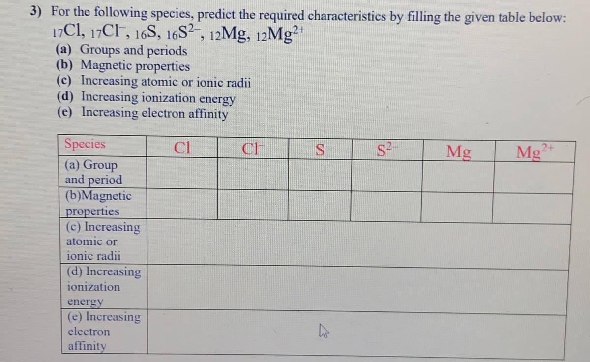 3) For the following species, predict the required characteristics by filling the given table below:
17CI, 17CF, 16S, 16S2, 12Mg, 12Mg*
2+
(a) Groups and periods
(b) Magnetic properties
(c) Increasing atomic or ionic radii
(d) Increasing ionization energy
(e) Increasing electron affinity
Species
Cl
CH
Mg
Mg
(a) Group
and period
(b)Magnetic
properties
(c) Increasing
atomic or
ionic radii
(d) Increasing
ionization
energy
(e) Increasing
electron
affinity
