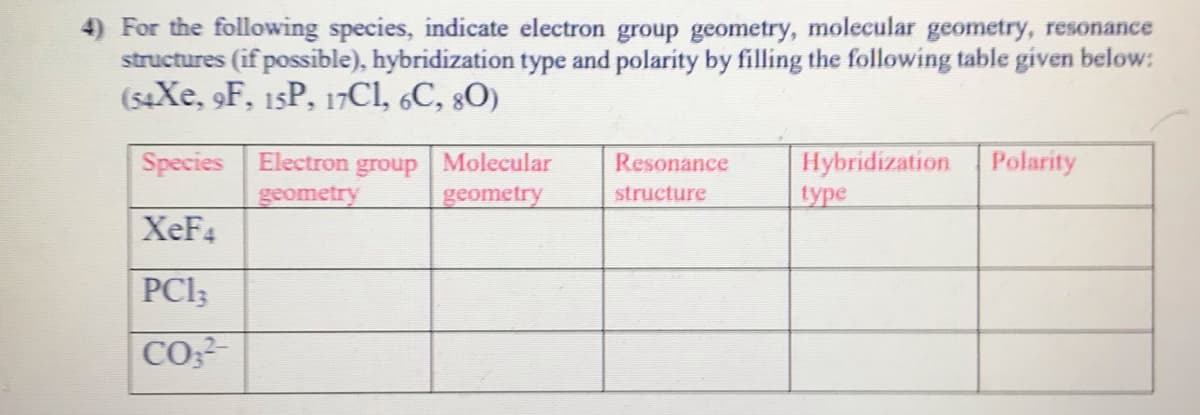 4) For the following species, indicate electron group geometry, molecular geometry, resonance
structures (if possible), hybridization type and polarity by filling the following table given below:
(s4Xe, 9F, 15P, 17CI, 6C, 80)
Species
Hybridization
type
Electron group Molecular
Resonance
Polarity
geometry
geometry
structure
XeF4
PCI3
CO
