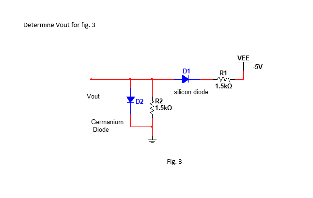 Determine Vout for fig. 3
VEE
5V
D1
R1
1.5kQ
silicon diode
Vout
D2
R2
1.5kQ
Germanium
Diode
Fig. 3
