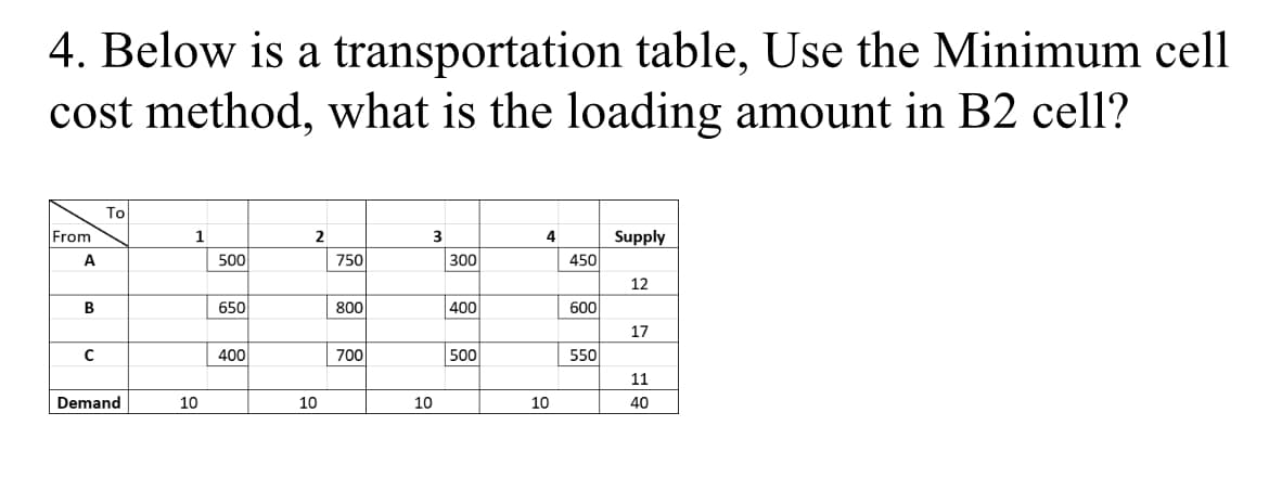 4. Below is a transportation table, Use the Minimum cell
cost method, what is the loading amount in B2 cell?
To
From
1.
2
Supply
A
500
750
300
450
12
650
800
400
600
17
400
700
500
550
11
Demand
10
10
10
10
40
