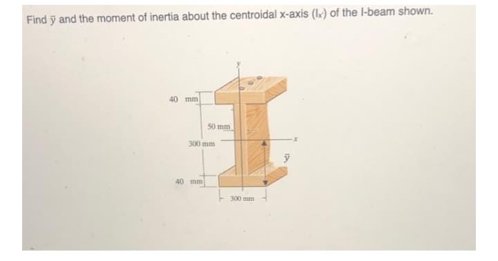 Find ỹ and the moment of inertia about the centroidal x-axis (Ix) of the l-beam shown.
40 mm
50 mm
300 mm
40 mm
300 mm
