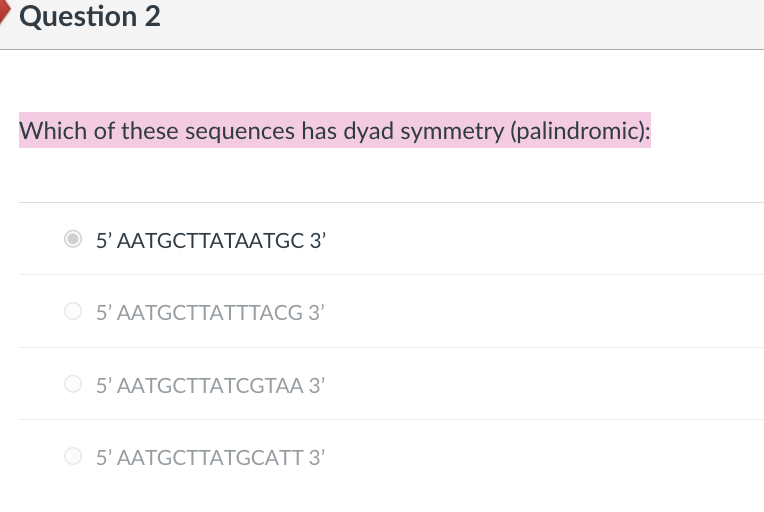 Question 2
Which of these sequences has dyad symmetry (palindromic):
5' AATGCTTATAATGC 3'
O 5' AATGCTTATTTACG 3'
5' AATGCTTATCGTAA 3'
5' AATGCTTATGCATT 3'