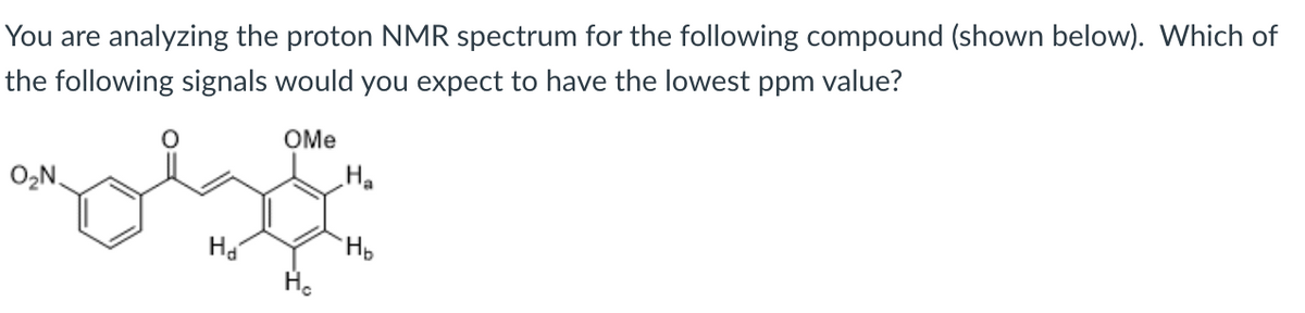 You are analyzing the proton NMR spectrum for the following compound (shown below). Which of
the following signals would you expect to have the lowest ppm value?
OMe
O2N.
Ha
H.
