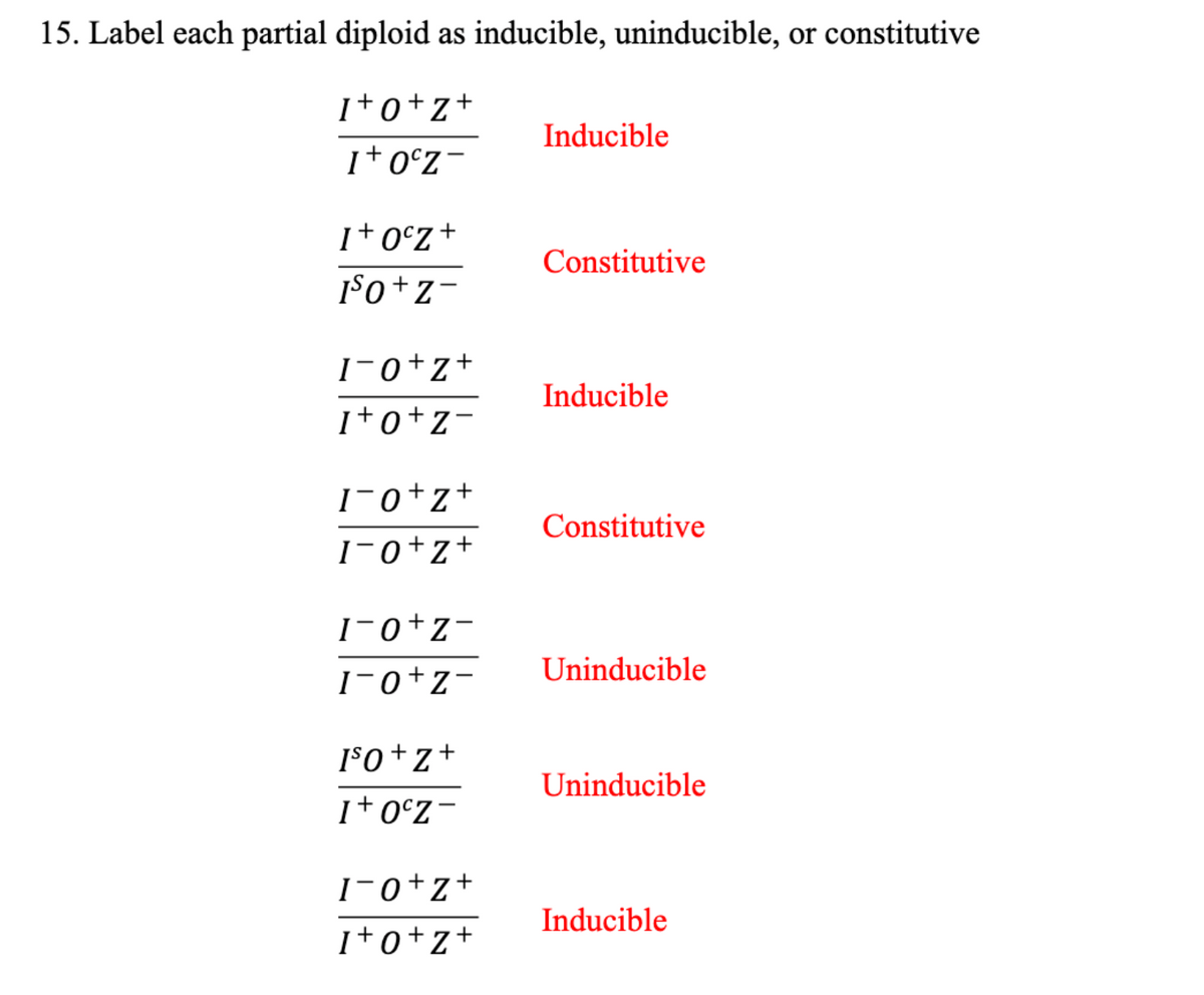 15. Label each partial diploid as inducible, uninducible, or constitutive
1+0+Z+
I+OcZ-
I+OcZ +
ISO+Z-
1-0 +Z+
1+0+Z-
I¯0+Z+
1−0+Z+
1−0+Z-
10+Z-
ISO+Z+
I+OcZ-
1−0+Z+
1+0+Z+
Inducible
Constitutive
Inducible
Constitutive
Uninducible
Uninducible
Inducible