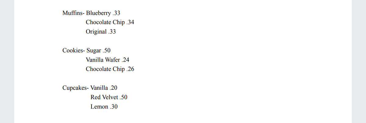 Muffins- Blueberry .33
Chocolate Chip .34
Original .33
Cookies- Sugar .50
Vanilla Wafer .24
Chocolate Chip .26
Cupcakes- Vanilla .20
Red Velvet .50
Lemon .30
