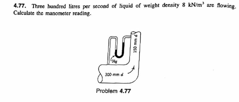 4.77. Three hundred litres per second of liquid of weight density 8 kN/m' are flowing,
Calculate the manometer reading.
Hg
300 mm d
Problem 4.77
P ww Ost
