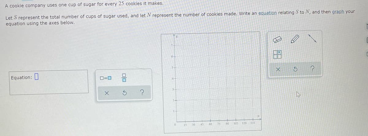 A cookie company uses one cup of sugar for every 25 cookies it makes.
Let S represent the total number of cups of sugar used, and let N represent the number of cookies made. Write an equation relating S to N, and then graph your
equation using the axes below.
Equation:
ロ=ロ
15
30
45
60
75
90
105
120
135
olo
の
