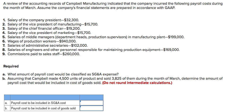 A review of the accounting records of Campbell Manufacturing indicated that the company incurred the following payroll costs during
the month of March. Assume the company's financial statements are prepared in accordance with GAAP.
1. Salary of the company president-$32,300.
2. Salary of the vice president of manufacturing-$15,700.
3. Salary of the chief financial officer-$19,200.
4. Salary of the vice president of marketing-$15,700.
5. Salaries of middle managers (department heads, production supervisors) in manufacturing plant-$199,000.
6. Wages of production workers-$940,000.
7. Salaries of administrative secretaries-$102,000.
8. Salaries of engineers and other personnel responsible for maintaining production equipment-$169,000.
9. Commissions paid to sales staff-$260,000.
Required
a. What amount of payroll cost would be classified as SG&A expense?
b. Assuming that Campbell made 4,500 units of product and sold 3,825 of them during the month of March, determine the amount of
payroll cost that would be included in cost of goods sold. (Do not round intermediate calculations.)
a. Payroll cost to be included in SG&A cost
Payroll cost to be included in cost of goods sold
b
