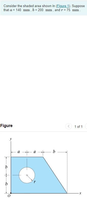 Consider the shaded area shown in (Figure 1). Suppose
that a = 140 mm, b = 200 mm, and r = 75 mm.
Figure
1 of 1
a - a
b
b
