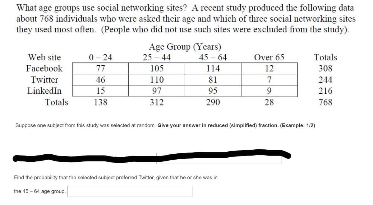 What age groups use social networking sites? A recent study produced the following data
about 768 individuals who were asked their age and which of three social networking sites
they used most often. (People who did not use such sites were excluded from the study).
Age Group (Years)
25 – 44
Web site
0 – 24
45 – 64
Over 65
Totals
Facebook
77
105
114
12
308
Twitter
46
110
81
7
244
LinkedIn
15
97
95
216
Totals
138
312
290
28
768
Suppose one subject from this study was selected at random. Give your answer in reduced (simplified) fraction. (Example: 1/2)
Find the probability that the selected subject preferred Twitter, given that he or she was in
the 45 – 64 age group.
