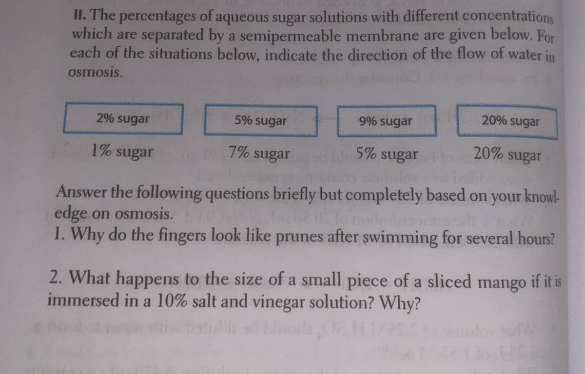 II. The percentages of aqueous sugar solutions with different concentrations
which are separated by a semipermeable membrane are given below. For
each of the situations below, indicate the direction of the flow of water in
osmosis.
20% sugar
2% sugar
5%
sugar
9% sugar
1% sugar
7%
5% sugar
20% sugar
sugar
Answer the following questions briefly but completely based on your knowl-
edge on osmosis.
1. Why do the fingers look like prunes after swimming for several hours?
2. What happens to the size of a small piece of a sliced mango if it is
immersed in a 10% salt and vinegar solution? Why?
